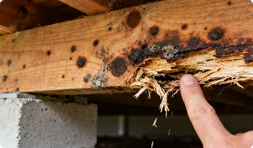 moisture buildup in crawl space causing mold and wood rot